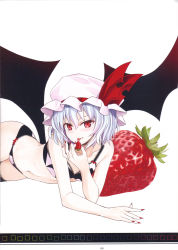 Rule 34 | 1girl, alternate costume, bat wings, bikini, black bikini, blue hair, blush, bra, fang, flat chest, food, fruit, hat, highres, lace, lace-trimmed bra, lace-trimmed legwear, lace-trimmed panties, lace trim, looking at viewer, lying, mob cap, nabeshima tetsuhiro, nail polish, navel, on side, oversized object, panties, pink bra, pink panties, red eyes, red nails, remilia scarlet, ribbon, scan, simple background, slit pupils, smile, solo, strawberry, swimsuit, thighhighs, tongue, tongue out, touhou, underwear, underwear only, wings