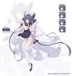 Rule 34 | 1girl, :3, :d, absurdres, animal ears, apron, azur lane, black hair, blue eyes, blush, breasts, character name, cheshire (azur lane), cleavage, clothes lift, commentary, detached collar, detached sleeves, dress, dress lift, expressions, fake animal ears, fang, frilled hairband, frilled headband, frilled ribbon, frills, full body, garter straps, hair intakes, hairband, high heels, highres, large breasts, long ribbon, looking at viewer, maid headdress, multicolored hair, open mouth, paw pose, puffy detached sleeves, puffy sleeves, purple apron, purple footwear, purple neckwear, ribbon, short hair, sidelocks, simple background, skin fang, skindentation, smile, standing, standing on one leg, strapless, strapless dress, streaked hair, thighhighs, watermark, web address, weibo watermark, white background, white dress, white thighhighs, wrist cuffs, yu bing, zettai ryouiki, zoom layer