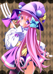 Rule 34 | 1girl, :t, argyle, argyle background, argyle clothes, dumpty alma, emil chronicle online, fork, gradient hair, hair ribbon, hat, highres, long hair, looking at viewer, looking back, multicolored hair, pink hair, pout, purple eyes, purple hair, puzzle &amp; dragons, ribbon, solo, tears, wide sleeves, zefa (neoaltemice)