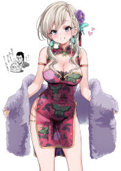 Rule 34 | 1boy, 1girl, absurdres, armlet, bare shoulders, blue eyes, blush, braid, braided bangs, breasts, china dress, chinese clothes, cleavage, cleavage cutout, clothing cutout, dress, earrings, floral print, flower, fuecoco, fur shawl, grey hair, grin, hair flower, hair ornament, highres, hisakawa hayate, idolmaster, idolmaster cinderella girls, jewelry, large breasts, long hair, looking at viewer, multicolored nails, nail polish, pelvic curtain, peony print, pizzasi, shawl, side slit, sleeveless, sleeveless dress, smile, standing, teeth