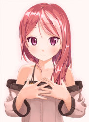 Rule 34 | 1girl, bad id, bad nicoseiga id, bare shoulders, blush, collarbone, detached sleeves, interlocked fingers, long hair, looking at viewer, original, own hands together, pink background, pink eyes, pink hair, sawada yuusuke, simple background, smile, solo, spaghetti strap, upper body