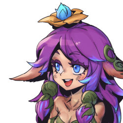 Rule 34 | 1girl, :d, animal ears, bare shoulders, blue eyes, blue flower, blue hair, blush, breasts, collarbone, flower, hair flower, hair ornament, horse ears, league of legends, lillia (league of legends), long hair, medium breasts, multicolored hair, open mouth, phantom ix row, pink hair, portrait, simple background, smile, teeth, tongue, twintails, two-tone hair, upper teeth only, white background