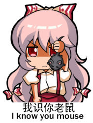 Rule 34 | 1girl, arm up, arms up, bilingual, bow, chinese text, clenched hand, closed mouth, commentary request, dress shirt, english text, engrish text, fujiwara no mokou, hair between eyes, hair bow, hair ribbon, holding, jokanhiyou, long hair, looking at viewer, lowres, mixed-language text, mouse (animal), multicolored bow, multicolored ribbon, pink hair, puffy sleeves, ranguage, red eyes, ribbon, shaded face, shirt, short sleeves, simple background, solo, suspenders, touhou, translation request, v-shaped eyebrows, very long hair, white background, white shirt