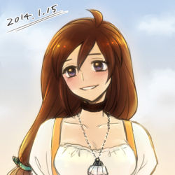 Rule 34 | 1girl, ahoge, black hair, blush, breasts, choker, cloud, commentary request, dated, day, final fantasy, final fantasy ix, garnet til alexandros xvii, jewelry, long hair, looking at viewer, lowres, necklace, smile, solo, uboar