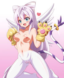 Rule 34 | 1girl, blue eyes, blush, breasts, cameltoe, cat, cleft of venus, digimon, digimon (creature), fang, hair ribbon, heigako, light purple hair, long hair, medium breasts, navel, nipples, nude, open mouth, pussy, ribbon, smile, solo, tail, tailmon, uncensored, white hair, wings