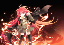 Rule 34 | 1girl, alastor (shakugan no shana), bread, coat, fire, food, jewelry, long hair, melon bread, mouth hold, pendant, red eyes, red hair, school uniform, serafuku, shakugan no shana, shana, sword, tachitsu teto, thighhighs, weapon