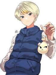 Rule 34 | 1boy, animal crossing, black eyes, blonde hair, closed mouth, coin purse, earrings, fingernails, hand in pocket, highres, jewelry, marshal (animal crossing), multicolored hair, nintendo, odyssey 21, personification, pouch, signature, simple background, single earring, solo, streaked hair, white background