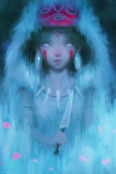 Rule 34 | 1girl, alex chow, alternate eye color, black hair, blue eyes, clenched hand, commentary, earrings, english commentary, facepaint, facing viewer, fantasy, fur shirt, holding, holding knife, jewelry, knife, lips, mononoke hime, necklace, pelt, petals, pink lips, portrait, san (mononoke hime), shirt, short hair, sleeveless, sleeveless shirt, solo, tooth necklace, white shirt