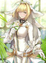 Rule 34 | 1girl, ahoge, belt, blonde hair, bodysuit, breasts, bridal veil, buckle, chain, fate/extra, fate/extra ccc, fate (series), flower, full-length zipper, green eyes, hair between eyes, hair intakes, head wreath, highres, large breasts, lock, looking at viewer, loose belt, nero claudius (bride) (fate), nero claudius (fate), nero claudius (fate) (all), one eye closed, padlock, rose, shigure s, smile, solo, tearing up, thighs, veil, white bodysuit, white flower, white rose, window, zipper