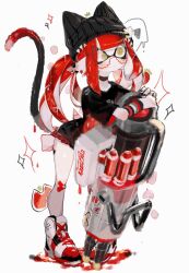 Rule 34 | 1girl, beanie, black hat, black nails, black shirt, commentary request, full body, gun, hat, heavy edit splatling (splatoon), high tops, highres, holding, holding weapon, inkling, inkling girl, inkling player character, long hair, miniskirt, nintendo, pointy ears, red hair, shirt, shoes, simple background, skirt, sneakers, solo, sparkle, splatoon (series), standing, tail, tentacle hair, tentacles, usa37107692, weapon, white background, yellow eyes