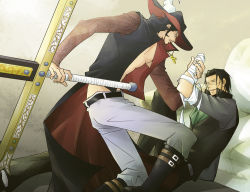 Rule 34 | 2boys, amputee, bandages, belt, boots, crocodile (one piece), dracule mihawk, hat, jacket, lining, male focus, multiple boys, one piece, s-salt, scar, stitches, sword, weapon, white upholstery, yoru (one piece)