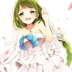 Rule 34 | 10s, 1girl, :d, alternate costume, bare shoulders, blush, braid, breasts, bridal veil, bride, collar, dress, elbow gloves, gloves, unworn gloves, green eyes, green hair, jewelry, kantai collection, long hair, masaharu (nuaa), matching hair/eyes, mole, mole under mouth, open mouth, petals, ribbon, ring, simple background, single braid, single elbow glove, smile, solo, veil, very long hair, wedding band, wedding dress, white background, white dress, white gloves, yuugumo (kancolle)