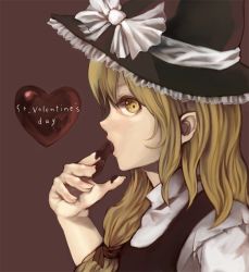 Rule 34 | 1girl, blonde hair, brown background, candy, chocolate, chocolate heart, english text, female focus, food, hat, heart, kirisame marisa, long hair, open mouth, simple background, solo, touhou, valentine, witch hat, xero, yellow eyes