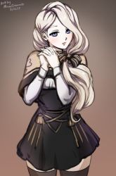 Rule 34 | 1girl, artist name, blonde hair, blue eyes, dated, fire emblem, fire emblem: three houses, gradient background, long hair, long sleeves, low ponytail, mercedes von martritz, mina cream, nintendo, own hands clasped, own hands together, simple background, solo, thighhighs, uniform, zettai ryouiki