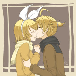 Rule 34 | 1boy, 1girl, blonde hair, brother and sister, couple, closed eyes, grabbing, hair ribbon, incest, kagamine len, kagamine rin, kiss, ribbon, scarf, short hair, siblings, twincest, twins, vocaloid
