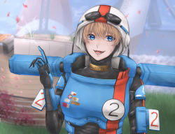 Rule 34 | 1girl, animification, apex legends, armor, blue eyes, bodysuit, facial scar, goggles, goggles on headwear, helmet, in-universe location, lichtenberg figure, looking to the side, official alternate costume, open hand, open mouth, pointing, pointing up, power armor, scar, scar on cheek, scar on face, science fiction, smile, solo, sorata (fuyuki 15 50), wattson (apex legends), white headwear, wired for speed wattson