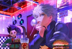 Rule 34 | 2boys, black hair, blackbox (blackbox9158), blue eyes, blue shirt, brown eyes, burger, cafe, cd, ceiling fan, drinking straw, food, french fries, from below, gon freecss, green jacket, head rest, holding, holding tray, hunter x hunter, jacket, killua zoldyck, long sleeves, looking at another, looking at viewer, mouth hold, multiple boys, open mouth, reflection, shirt, short hair, sitting, soda, spiked hair, sweatdrop, teeth, tray, turtleneck, upper body, upper teeth only, white hair