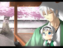 Rule 34 | 1boy, 1girl, :&lt;, blue eyes, bow, bug, butterfly, butterfly on nose, cherry blossoms, child, cross-eyed, day, hair ribbon, highres, bug, konpaku youki, konpaku youki (ghost), konpaku youmu, konpaku youmu (ghost), letterboxed, looking down, outdoors, ribbon, scar, short hair, sitting, sitting on person, tachitsuki, tatetsuki, touhou, tree, veranda, vest, wall, white hair, aged down