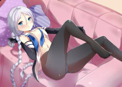 Rule 34 | 10s, 1girl, :o, black gloves, black panties, black pantyhose, blue eyes, blue neckerchief, blurry, blush, braid, couch, depth of field, elbow gloves, gloves, hair between eyes, hand on leg, holding, holding hair, kaetzchen, kantai collection, leg up, lens flare, long hair, looking at viewer, lying, navel, neckerchief, no pants, no shoes, on back, open clothes, open shirt, panties, panties over pantyhose, pantyhose, pillow, polka dot, school uniform, serafuku, shade, shiny clothes, shirt, silver hair, single braid, sleeveless, sleeveless shirt, solo, striped, umikaze (kancolle), underwear, untied, very long hair