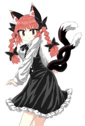 Rule 34 | 1girl, :3, alternate costume, animal ears, bare legs, black bow, black dress, black neckwear, black ribbon, bow, braid, cat ears, chups, cowboy shot, dress, extra ears, frilled dress, frills, highres, kaenbyou rin, long sleeves, multiple tails, nail polish, red eyes, red hair, red nails, ribbon, solo, tail, touhou, twin braids, two tails, white background, white frills, white sleeves
