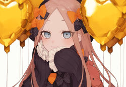 Rule 34 | 1girl, abigail williams (fate), black bow, black dress, black hat, blonde hair, blue eyes, blush, bow, breasts, dress, fate/grand order, fate (series), forehead, hair bow, hat, highres, long hair, long sleeves, looking at viewer, multiple hair bows, orange bow, parted bangs, polka dot, polka dot bow, ribbed dress, sleeves past fingers, sleeves past wrists, small breasts, smile, stuffed animal, stuffed toy, sumi (gfgf 045), teddy bear
