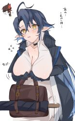 Rule 34 | 1boy, 1girl, aak (arknights), absurdres, ahoge, arknights, arms under breasts, bag, bar censor, black choker, black cloak, black gloves, blue hair, blush, breasts, censored, choker, chunta, cleavage, cloak, closed umbrella, collared shirt, commentary, commission, covered erect nipples, cowboy shot, embarrassed, freckles, furrowed brow, genderswap, genderswap (mtf), gloves, hair between eyes, highres, holding, holding bag, identity censor, large breasts, long hair, looking at viewer, lumen (arknights), multicolored hair, no bra, open mouth, orange eyes, parted bangs, pointy ears, shirt, simple background, skeb commission, solo focus, sound effects, standing, sweat, nervous sweating, thumbs up, translated, two-tone hair, umbrella, white background, white shirt, wing collar