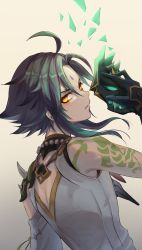 Rule 34 | 1boy, ahoge, arm tattoo, asagizuisen, bead necklace, beads, brown background, commentary request, detached sleeves, facial mark, floating hair, forehead mark, from behind, genshin impact, gloves, gradient background, green gloves, green hair, highres, holding, holding mask, jewelry, looking at viewer, looking back, male focus, mask, multicolored hair, necklace, parted lips, resolution mismatch, shirt, shoulder spikes, sidelocks, single detached sleeve, single sleeve, sleeveless, sleeveless shirt, solo, source larger, spikes, standing, tattoo, two-tone hair, upper body, white shirt, xiao (genshin impact), yellow eyes