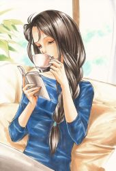 Rule 34 | 1girl, blue shirt, book, braid, brown eyes, couch, cup, day, drinking, hair ornament, hair over shoulder, holding, holding book, indoors, long hair, marker (medium), open book, plant, shirt, sitting, solo, teacup, tegaki no yuu, traditional media, window