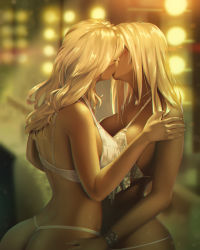 Rule 34 | 2girls, a.x., ass, bikini, blonde hair, blurry, blurry background, blush, bracelet, breasts, cleavage, commentary, couple, covered face, dark-skinned female, dark skin, from side, hand on another&#039;s arm, jewelry, kiss, long hair, multiple girls, necklace, original, revealing clothes, silver hair, sparkle, straight hair, string bikini, swimsuit, upper body, wavy hair, white bikini, yuri