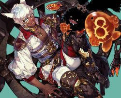Rule 34 | 1boy, animal ears, black footwear, blouse, blue eyes, boots, cat ears, chest belt, creature, dark-skinned male, dark skin, final fantasy, final fantasy xiv, fingernails, gold, heterochromia, highres, jewelry, knee up, long fingernails, looking at viewer, male focus, miqo&#039;te, monocle, navel, necklace, pants, pigeon666, pink eyes, ring, sanpaku, shirt, short hair, sitting, smile, solo, thigh boots, thighhighs, white hair, white pants, white shirt