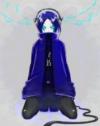 Rule 34 | 1girl, black pantyhose, blue eyes, cable, coat, covering own mouth, electricity, expressionless, full body, glowing, glowing eyes, grey background, ha.skr (hasukara), hands in pockets, headgear, headphones, kneeling, looking at viewer, pale skin, pantyhose, personification, simple background, solo, sparkle, turtleneck