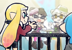 Rule 34 | 1boy, 3girls, aqua eyes, arm on table, bare arms, bare shoulders, black dress, black footwear, black hair, black headphones, black shorts, blonde hair, blue hair, blue sky, blunt bangs, blurry, blurry background, boots, bow-shaped hair, breasts, callie (splatoon), cephalopod eyes, cleavage, closed eyes, closed mouth, collar, commentary request, cousins, crossed legs, cup on head, day, detached collar, dress, eyelashes, fang, food, food-themed hair ornament, gloves, green pantyhose, grey sweater, hair ornament, hand on railing, headphones, headphones around neck, inkling boy, inkling girl, inkling player character, light, long hair, long sleeves, low twintails, marie (splatoon), mole, mole under eye, multiple girls, nintendo, on stool, open mouth, outdoors, outstretched hand, pantyhose, parted lips, pink pantyhose, pointy ears, puffy long sleeves, puffy sleeves, railing, red sweater, short dress, short hair, shorts, sitting, sky, sleeves past wrists, small breasts, smile, splatoon (series), strapless, strapless dress, sushi, sweater, table, tentacle hair, twintails, ukata, very long hair, waving, white collar, white gloves, white hair, yellow eyes