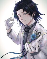 Rule 34 | 1boy, alternate costume, beckoning, black eyes, black hair, black necktie, feitan portor, formal, highres, holding, holding jewelry, holding ring, hunter x hunter, jewelry, long sleeves, looking at viewer, male focus, necktie, obentowasureta, outstretched hand, marriage proposal, proposing to viewer, reaching, reaching towards viewer, ring, short hair, smile, solo, suit, upper body, wedding ring, white suit