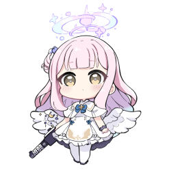 Rule 34 | 1girl, black footwear, blue archive, blue bow, blue flower, blush, bow, brown eyes, capelet, chibi, closed mouth, commentary request, dress, feathered wings, flower, frilled dress, frills, full body, gun, hair bun, hair flower, hair ornament, halo, highres, lanchester smg, long hair, looking at viewer, low wings, mika (blue archive), nozo (hitomiz), pantyhose, pink hair, shoes, simple background, single side bun, solo, submachine gun, very long hair, weapon, white background, white capelet, white dress, white pantyhose, white wings, wings