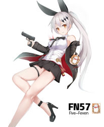 Rule 34 | 1girl, badge, black bow, black footwear, black skirt, blouse, blush, bow, breasts, brown eyes, character name, closed mouth, five-seven (girls&#039; frontline), fn five-seven, freedom up, frills, girls&#039; frontline, grey hair, gun, hair bow, hair ornament, hand up, handgun, high heels, highres, holding, holding gun, holding weapon, hood, hoodie, long hair, looking at viewer, medium breasts, miniskirt, open clothes, open hoodie, pdw-caliber pistol, pleated skirt, ponytail, shirt, shoes, sidelocks, simple background, skirt, smile, solo, thigh strap, trigger discipline, very long hair, weapon, white background, white shirt