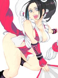 Rule 34 | 1girl, bare shoulders, black hair, breasts, cleavage, elbow gloves, fatal fury, fingerless gloves, gloves, hand fan, itazuracoco, japanese clothes, large breasts, legs, ponytail, rope, shiranui mai, simple background, snk, solo, the king of fighters, thighs