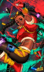 Rule 34 | 1girl, abs, artist name, ass, black hair, braid, breasts, brown eyes, cassette player, dark-skinned female, dark skin, earphones, headband, highres, kimberly jackson, large breasts, looking at viewer, midriff, multiple braids, nail polish, paint, red shirt, shirt, shoes, sneakers, solo, spray paint, spunkyramaz, street fighter, street fighter 6, thighs, tight clothes