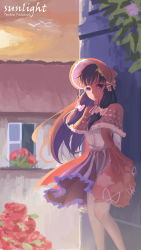 Rule 34 | 1girl, absurdres, adapted costume, against wall, al2, arms behind back, backlighting, bad id, bad pixiv id, bird, blunt bangs, bonnet, bow, building, capelet, coat, collared shirt, english text, flower, fur trim, hair bow, hair flower, hair ornament, heart, heart print, highres, legs, long hair, long sleeves, looking at viewer, open window, outdoors, pantyhose, patchouli knowledge, purple eyes, purple hair, purple skirt, ribbon, shadow, shirt, skirt, sleeveless, sleeveless coat, smile, solo, striped clothes, striped skirt, sunlight, sunset, touhou, very long hair, wind, window
