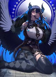 Rule 34 | 1girl, absurdres, asymmetrical horns, bare shoulders, black hair, black wings, blue hair, breasts, colored inner hair, demon horns, fur trim, gloves, hair ornament, highres, hiroarchus, hololive, hololive english, horns, large breasts, long hair, looking at viewer, mole, mole under eye, multicolored hair, nerissa ravencroft, nerissa ravencroft (1st costume), pink eyes, solo, thick thighs, thighhighs, thighs, tongue, tongue out, two-tone hair, uneven horns, virtual youtuber, wings