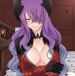 Rule 34 | 1girl, breasts, cleavage, eden&#039;s zero, hair ornament, hair over one eye, highres, holy (eden&#039;s zero), large breasts, long hair, looking at viewer, purple eyes, purple hair, smile