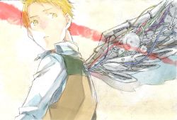 Rule 34 | 1boy, alphonse elric, angel wings, blonde hair, expressionless, frown, fullmetal alchemist, graphite (medium), highres, long sleeves, looking away, looking back, male focus, mechanical pencil, mechanical wings, pencil, red theme, shirt, short hair, simple background, solo, traditional media, waistcoat, white background, white shirt, wings, yellow eyes