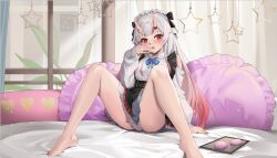 Rule 34 | 1girl, bed, bedroom, blush, bow, center frills, clothing cutout, curtains, fang, frilled hairband, frilled shirt, frills, gradient hair, hairband, highres, hololive, horns, lolita hairband, long hair, long sleeves, looking at viewer, multicolored hair, nakiri ayame, nakiri ayame (girly), official alternate costume, on bed, oni, open mouth, otakueden1995, pillow, pinstripe pattern, pinstripe skirt, plaid, plaid ribbon, red eyes, ribbon, shirt, shoulder cutout, skin-covered horns, skirt, smile, solo, spread legs, streaked hair, striped, thighs, virtual youtuber, white hair, white shirt, window