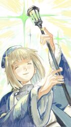 Rule 34 | 1girl, arm up, blue hat, blue jacket, bob cut, closed eyes, dungeon meshi, falin touden, falin touden (tallman), grey hair, hand up, hat, highres, holding, holding staff, jacket, long sleeves, shirt, short hair, smile, solo, sparkle, staff, upper body, white background, white shirt, wide sleeves, yummy miso