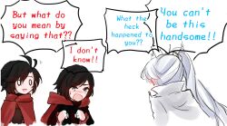 Rule 34 | 3girls, black dress, blank eyes, blush, cape, dress, english text, gradient hair, grey eyes, highres, multicolored hair, multiple girls, open mouth, ponytail, red cape, red dress, ruby rose, rwby, speech bubble, sweatdrop, tiara, user dcns4438, weiss schnee, white dress, white hair