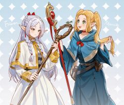 Rule 34 | 2girls, achyue, alternate hairstyle, ambrosia (dungeon meshi), belt, belt pouch, blonde hair, blue capelet, blue robe, braid, capelet, character name, crossover, dungeon meshi, earrings, elf, eyelashes, feet out of frame, folded hair, french braid, frieren, green eyes, hair around ear, hair over shoulder, hairstyle switch, half updo, hands up, highres, holding, holding own hair, holding staff, hood, hood down, hooded capelet, jewelry, long hair, long sleeves, marcille donato, miniskirt, multiple girls, parted bangs, pointy ears, pouch, robe, shirt, side braid, skirt, skirt set, smile, sousou no frieren, sprout, staff, striped clothes, striped shirt, twintails, weapon switch, white capelet, white skirt, wide sleeves
