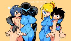 Rule 34 | 2boys, 2girls, :d, arm around shoulder, armor, bar censor, black hair, blonde hair, blue eyes, blue hair, blush stickers, bodysuit, breasts, censored, closed mouth, clothed female nude female, clothed female nude male, covered erect nipples, covered navel, dark samus, erection, fire emblem, hair over one eye, hairband, helmet, large breasts, long hair, marth (fire emblem), mega man (character), mega man (classic), mega man (series), metroid, multiple boys, multiple girls, navel, nintendo, nipples, nude, one eye covered, open mouth, pauldrons, penis, ponytail, pussy, rariatto (ganguri), samus aran, shoulder armor, simple background, smile, spoken sweatdrop, standing, super smash bros., sweat, sweatdrop, testicles, yellow background, zero suit
