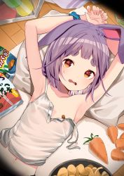 Rule 34 | 1girl, animal ears, armpits, arms up, bag of chips, bandaid, bandaids on nipples, blush, brown eyes, carrot, chips (food), ear down, female focus, flat chest, food, highres, lying, motto notto, navel, notched ear, on back, open mouth, original, own hands together, pasties, pillow, purple hair, rabbit ears, rabbit girl, scrunchie, see-through, short eyebrows, solo, sweat, thick eyebrows, wrist scrunchie