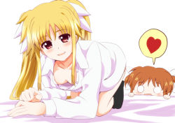 Rule 34 | 2girls, all fours, azumaya hironaru, bed, blonde hair, blush, breasts, brown hair, cleavage, collarbone, downblouse, fate testarossa, hair ornament, hair ribbon, heart, long hair, looking at viewer, lyrical nanoha, mahou shoujo lyrical nanoha, mahou shoujo lyrical nanoha a&#039;s, multiple girls, no bra, on bed, open mouth, red eyes, ribbon, shirt, simple background, small breasts, smile, solo focus, speech bubble, takamachi nanoha, twintails, white background, white shirt, yuri