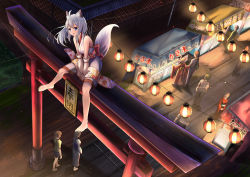 Rule 34 | 3boys, 6+girls, ahoge, animal ears, bag, bare legs, bare shoulders, barefoot, bow, breasts, commentary request, elbow gloves, festival, fox ears, fox tail, from above, full body, gloves, hair between eyes, highres, japanese clothes, kimono, lamp, long hair, looking at viewer, medium breasts, multiple boys, multiple girls, night, nyoon, original, outdoors, red bow, shorts, sitting, solo focus, standing, tail, torii, translation request