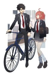 Rule 34 | 1boy, 1girl, absurdres, ahoge, bag, bicycle, black footwear, black hair, black jacket, black pants, blue eyes, brown bag, cellphone, closed mouth, collared shirt, fate/grand order, fate (series), fujimaru ritsuka (female), fujimaru ritsuka (male), grey skirt, hair ornament, hair scrunchie, highres, holding, holding phone, jacket, long sleeves, looking at another, necktie, ninjin (ne f g o), official alternate costume, open clothes, open jacket, open mouth, orange eyes, orange hair, pants, phone, pleated skirt, profile, red necktie, riding, riding bicycle, school bag, school uniform, scrunchie, shirt, shoes, short hair, side ponytail, sitting, skirt, smile, socks, white shirt, white socks, yellow scrunchie